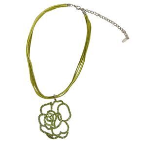 VCLM green rhinestone flower pendant 14" rope strand NECKLACE costume jewelry